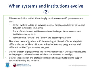www.dit.ie/researchandenterprise
When systems and institutions evolve
(2)
• Mission evolution rather than simply mission creep/drift (Guri-Rosenblit et al,
2007):
• HE has evolved to take on a diverse range of functions and niches within and
between institutions (Clark, 1978);
• Some of today’s most well-known universities began life as more modest
institutions (Marcus, 2011);
• Terms such as “unitary” and “binary” are becoming out-dated.
• There has been a “gradual shift in meaning of diversity” from simplistic
differentiators to “diversification in institutions and programmes with
different profiles” (van der Wende, 2009, p323).
• Greater breadth of programmes and study opportunities at undergraduate level to
enable/support universal access and democratisation of knowledge;
• Greater specialization and professionalization at postgraduate level to support
advanced learning and research.
 