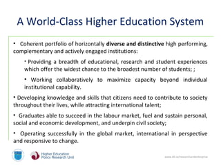 www.dit.ie/researchandenterprise
A World-Class Higher Education System
• Coherent portfolio of horizontally diverse and distinctive high performing,
complementary and actively engaged institutions:
• Providing a breadth of educational, research and student experiences
which offer the widest chance to the broadest number of students; ;
• Working collaboratively to maximize capacity beyond individual
institutional capability.
• Developing knowledge and skills that citizens need to contribute to society
throughout their lives, while attracting international talent;
• Graduates able to succeed in the labour market, fuel and sustain personal,
social and economic development, and underpin civil society;
• Operating successfully in the global market, international in perspective
and responsive to change.
 