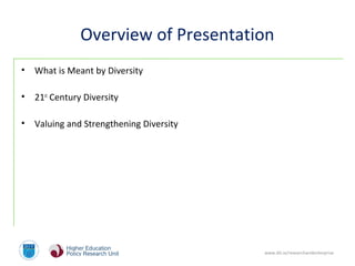 www.dit.ie/researchandenterprise
Overview of Presentation
• What is Meant by Diversity
• 21st
Century Diversity
• Valuing and Strengthening Diversity
 