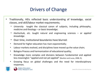 www.dit.ie/researchandenterprise
Drivers of Change
• Traditionally, HEIs reflected basic understanding of knowledge, social
classes, and skill/labour market requirements;
• University taught the classical canon of subjects, including philosophy,
medicine and theology – or basic knowledge;
• Hochschule, etc. taught natural and engineering sciences – or applied
knowledge.
• Over time, institutional boundaries have blurred:
• Demand for higher education has risen exponentially;
• Labour markets evolved, and disciplines have moved up the value chain;
• Bologna Process and harmonisation of educational quality;
• Knowledge more complex and divisions between fundamental and applied
less meaningful: “applied and not yet applied” (Boulton and Lucas, 2008, 9);
• Growing focus on global challenges and the need for interdisciplinary
responses.
 