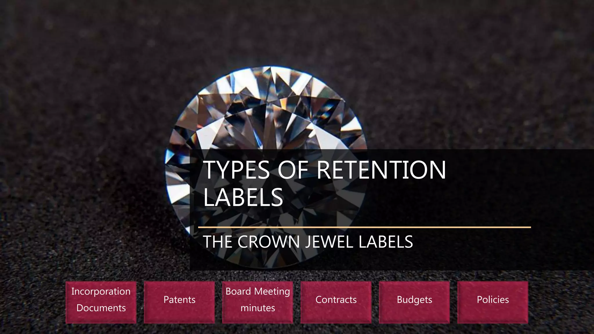TYPES OF RETENTION
LABELS
THE CROWN JEWEL LABELS
Incorporation
Documents
Patents
Board Meeting
minutes
Contracts Budgets Policies
 