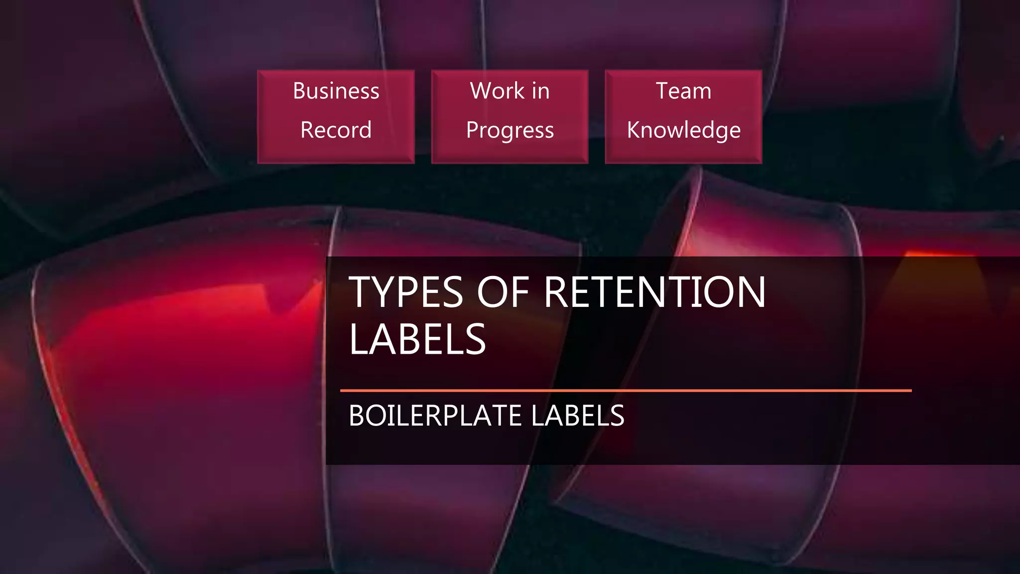 TYPES OF RETENTION
LABELS
BOILERPLATE LABELS
Business
Record
Work in
Progress
Team
Knowledge
 