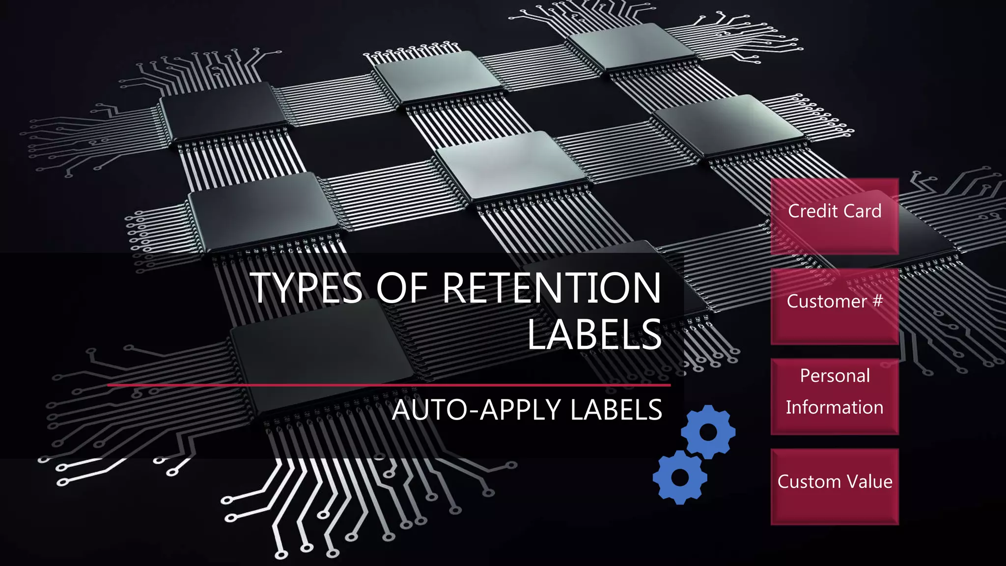 TYPES OF RETENTION
LABELS
AUTO-APPLY LABELS
Credit Card
Customer #
Personal
Information
Custom Value
 
