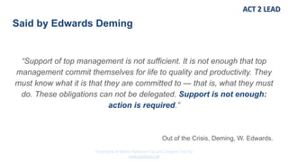 Copyrights © Marko Rytkönen Oy and Dragons Out Oy
www.act2lead.net
Said by Edwards Deming
“Support of top management is not sufficient. It is not enough that top
management commit themselves for life to quality and productivity. They
must know what it is that they are committed to — that is, what they must
do. These obligations can not be delegated. Support is not enough:
action is required.”
Out of the Crisis, Deming, W. Edwards.
 