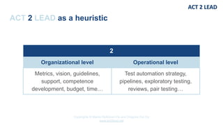 Copyrights © Marko Rytkönen Oy and Dragons Out Oy
www.act2lead.net
ACT 2 LEAD as a heuristic
2
Organizational level Operational level
Metrics, vision, guidelines,
support, competence
development, budget, time…
Test automation strategy,
pipelines, exploratory testing,
reviews, pair testing…
 