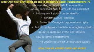 What Are Your Stumbling Blocks In Enterprise Agile Transformations ??
• Not sure why and what Agile Transformation
• Inadequate Support from Leadership
• No Cross Functional Agile teams with required skillset
• Zero or No Change in organizational agility
• Mindset/Culture Blockage
HOW CAN WE ADDRESS THESE AND MORE?
• Bottom up Approach with team or agile by stealth
• Low customer engagements
• Top-down approach by the C-level Execs
• No Objectives for next Level of Agile success
 