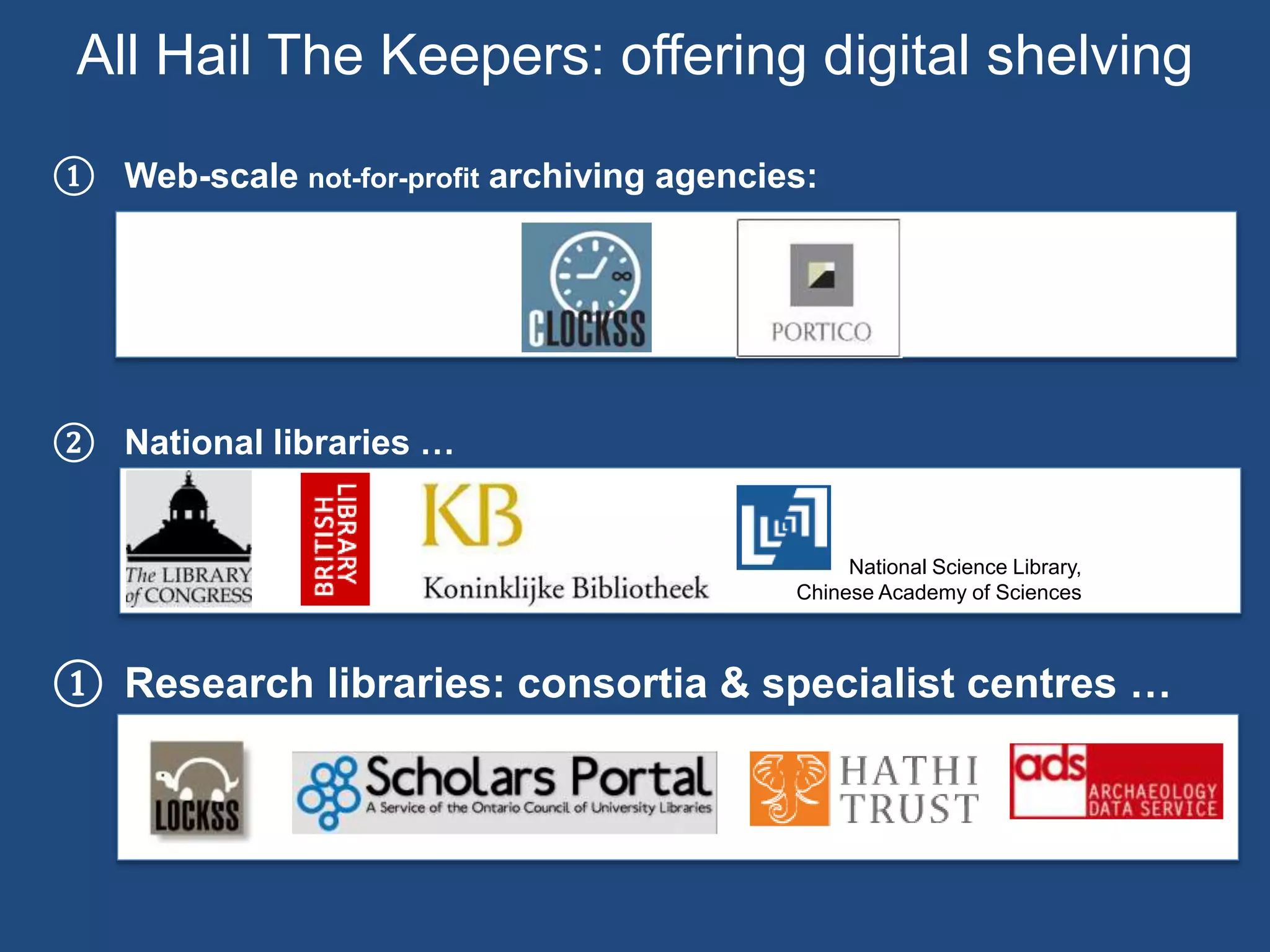 National Science Library,
Chinese Academy of Sciences
All Hail The Keepers: offering digital shelving
① Web-scale not-for-profit archiving agencies:
② National libraries …
① Research libraries: consortia & specialist centres …
National Science Library,
Chinese Academy of Sciences
 