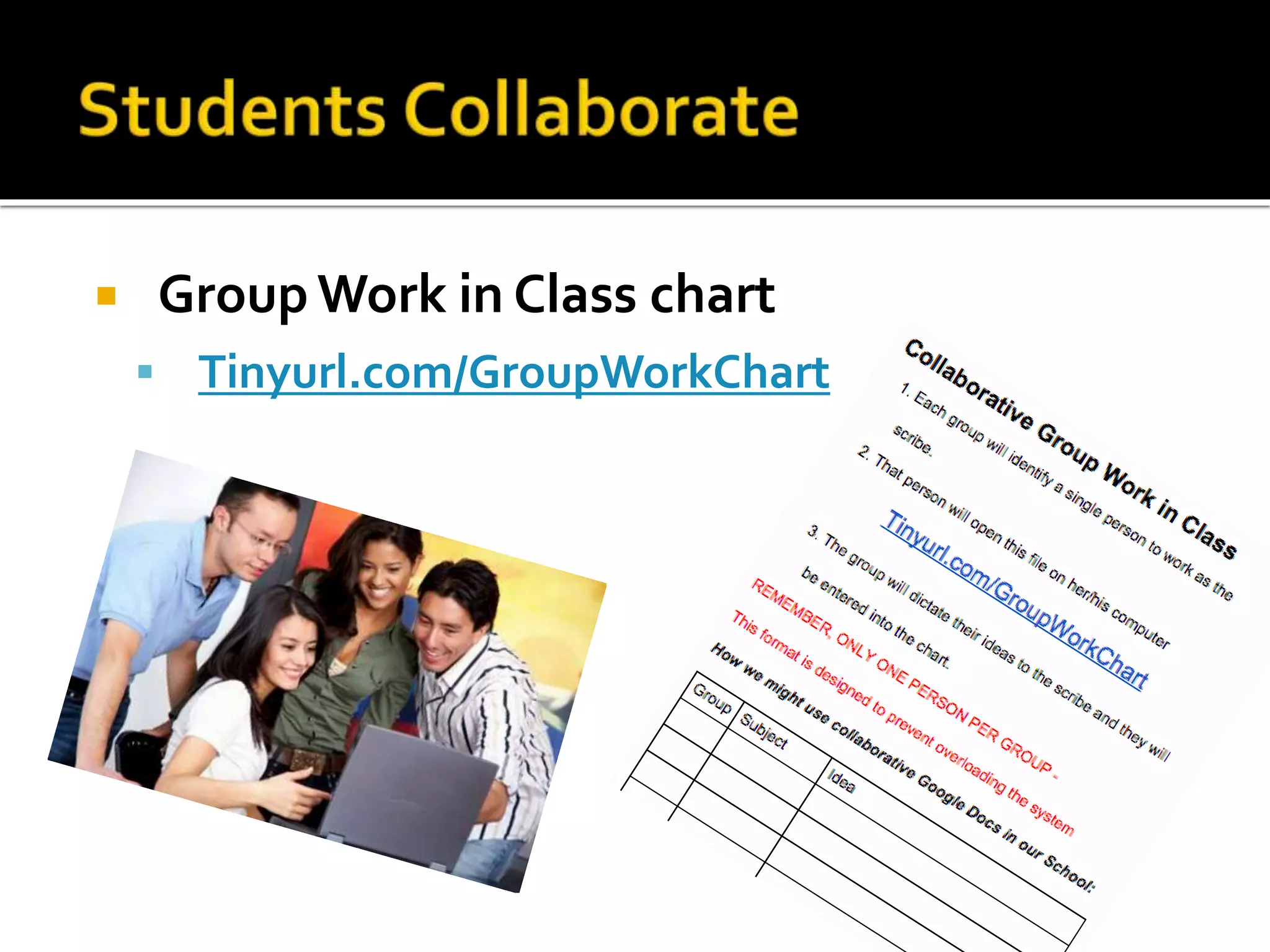  Group Work in Class chart
 Tinyurl.com/GroupWorkChart
 