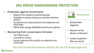 FAIL PROOF RANSOMWARE PROTECTION
• Protection against ransomware
o Regular time-indexed snapshot backups
o Flexibility in backup frequency and data retention
policies
o Comprehensive data protection for endpoints and
cloud apps
o Offsite data storage (AWS/Microsoft Azure) options
• Recovering from ransomware intrusion
o 24/7 data access
o User/admin restore
o Locate suspicious files quickly on endpoints and
cloud apps
Ransomware
• Backup data
regularly
• Recover at the
device or file level
• Locate suspicious
files via search
You Can’t Prevent Ransomware Attacks, But You Can Protect Against It
 