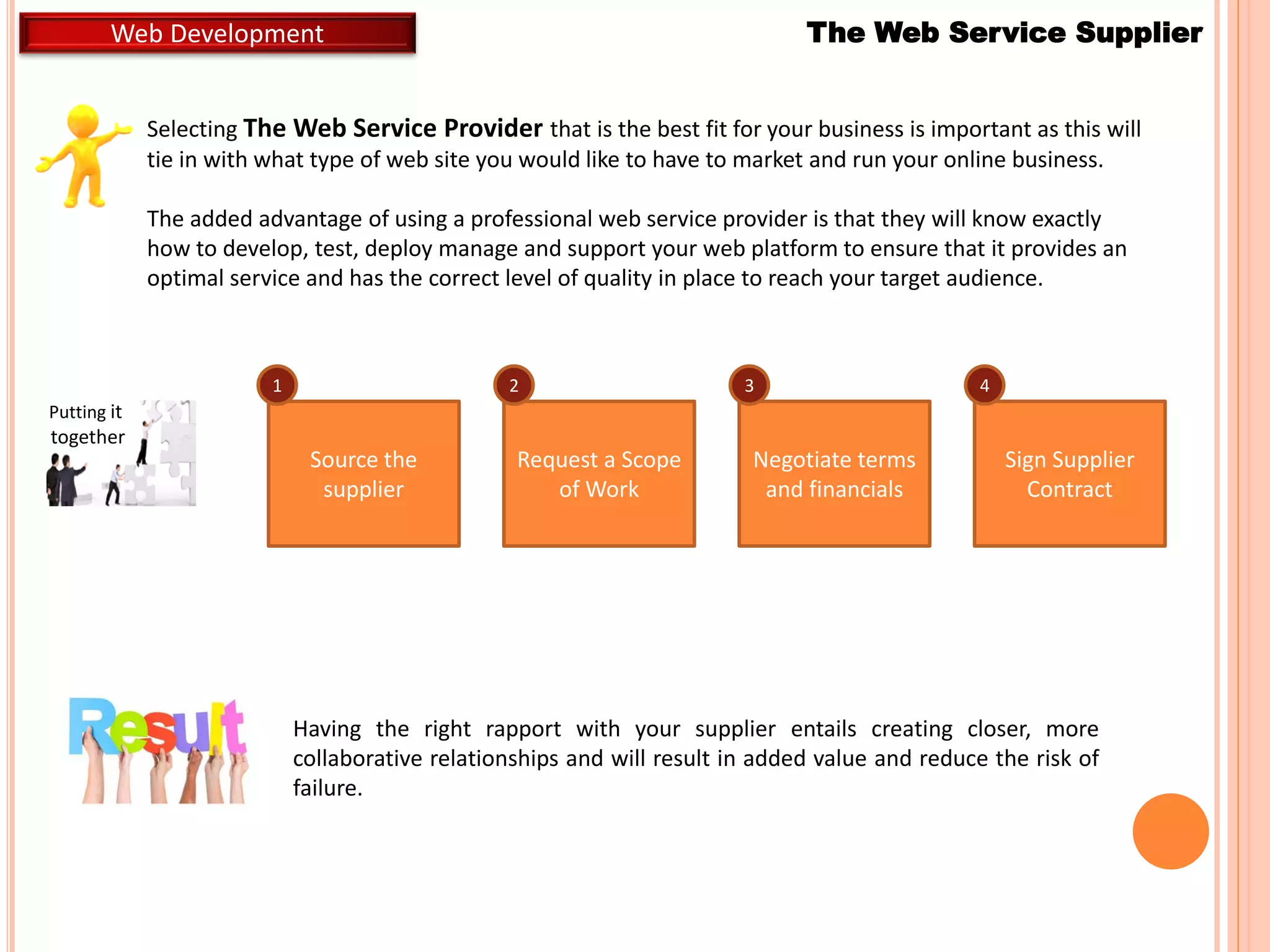 Selecting The Web Service Provider that is the best fit for your business is important as this will
tie in with what type of web site you would like to have to market and run your online business.
The added advantage of using a professional web service provider is that they will know exactly
how to develop, test, deploy manage and support your web platform to ensure that it provides an
optimal service and has the correct level of quality in place to reach your target audience.
Having the right rapport with your supplier entails creating closer, more
collaborative relationships and will result in added value and reduce the risk of
failure.
Putting it
together
The Web Service Supplier
Sign Supplier
Contract
4
Request a Scope
of Work
2
Negotiate terms
and financials
3
Source the
supplier
1
Web Development
 