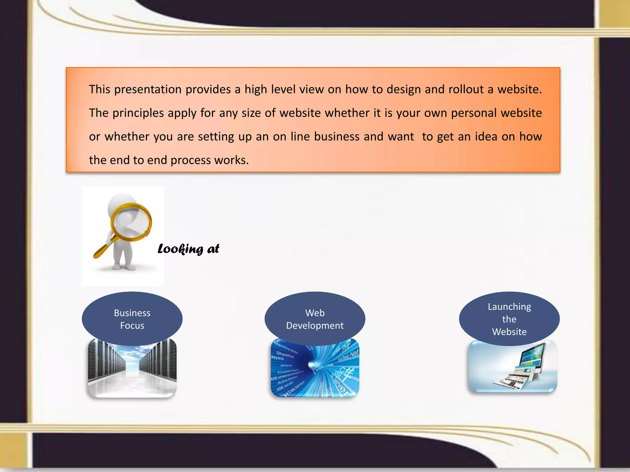 This presentation provides a high level view on how to design and rollout a website.
The principles apply for any size of website whether it is your own personal website
or whether you are setting up an on line business and want to get an idea on how
the end to end process works.
Business
Focus
Web
Development
Launching
the
Website
Looking at
 