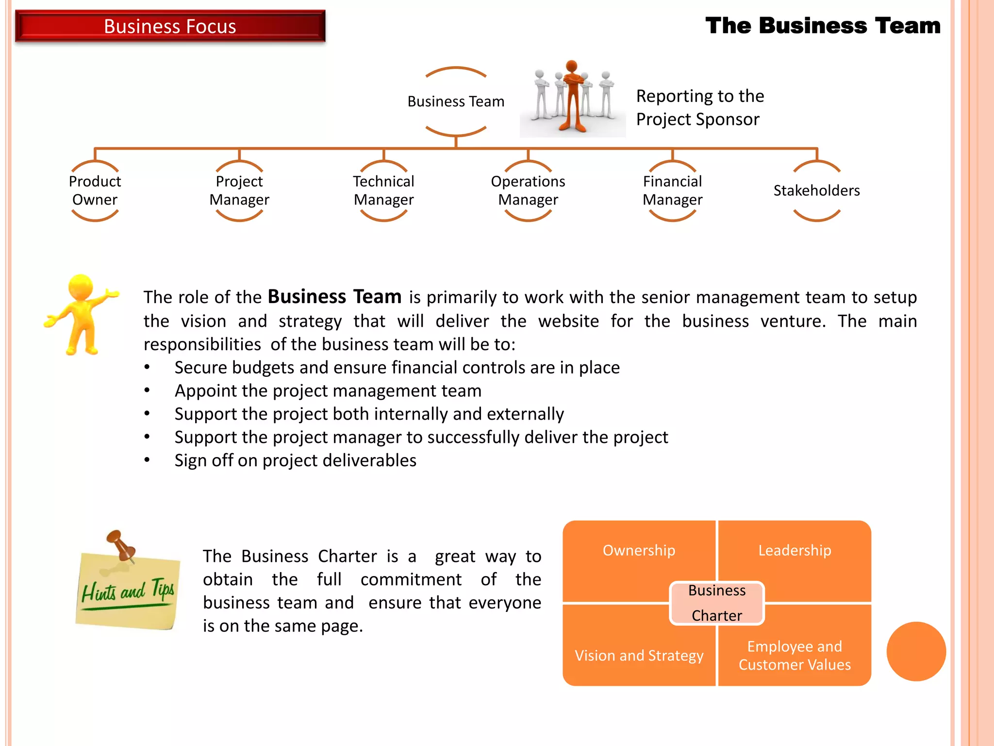 Business Team
Product
Owner
Project
Manager
Technical
Manager
Operations
Manager
Financial
Manager
Stakeholders
The role of the Business Team is primarily to work with the senior management team to setup
the vision and strategy that will deliver the website for the business venture. The main
responsibilities of the business team will be to:
• Secure budgets and ensure financial controls are in place
• Appoint the project management team
• Support the project both internally and externally
• Support the project manager to successfully deliver the project
• Sign off on project deliverables
The Business Team
Ownership Leadership
Vision and Strategy
Employee and
Customer Values
Business
Charter
The Business Charter is a great way to
obtain the full commitment of the
business team and ensure that everyone
is on the same page.
Business Focus
Reporting to the
Project Sponsor
 