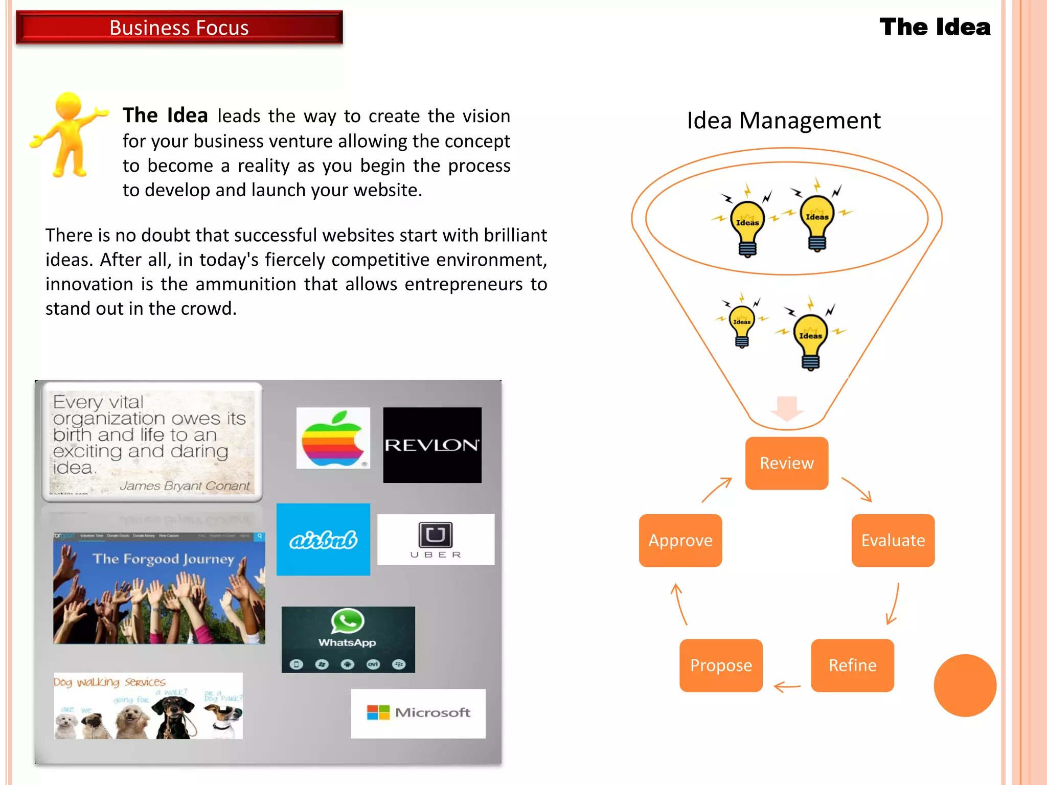 The Idea leads the way to create the vision
for your business venture allowing the concept
to become a reality as you begin the process
to develop and launch your website.
Business Focus
There is no doubt that successful websites start with brilliant
ideas. After all, in today's fiercely competitive environment,
innovation is the ammunition that allows entrepreneurs to
stand out in the crowd.
The Idea
Review
Evaluate
RefinePropose
Approve
Idea Management
 