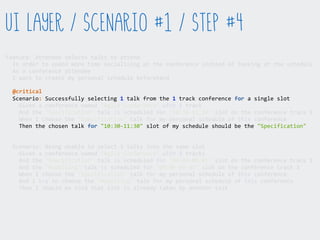 Feature:  Attendee  selects  talks  to  attend  
    In  order  to  spend  more  time  socialising  at  the  conference  instead  of  looking  at  the  schedule  
    As  a  conference  attendee  
    I  want  to  create  my  personal  schedule  beforehand  
    Scenario:  Successfully  selecting  1  talk  from  the  1  track  conference  for  a  single  slot  
        Given  a  conference  named  "Agile  Conference"  with  1  track  
        And  the  "Specification"  talk  is  scheduled  for  "10:30-­‐11:30"  slot  on  the  conference  track  1  
        When  I  choose  the  "Specification"  talk  for  my  personal  schedule  of  this  conference  
        Then  the  chosen  talk  for  "10:30-­‐11:30"  slot  of  my  schedule  should  be  the  "Specification"  
    Scenario:  Being  unable  to  select  2  talks  into  the  same  slot  
        Given  a  conference  named  "Agile  Conference"  with  2  tracks  
        And  the  "Specification"  talk  is  scheduled  for  "09:00-­‐09:45"  slot  on  the  conference  track  1  
        And  the  "Modelling"  talk  is  scheduled  for  "09:00-­‐09:45"  slot  on  the  conference  track  2  
        When  I  choose  the  "Specification"  talk  for  my  personal  schedule  of  this  conference  
        And  I  try  to  choose  the  "Modelling"  talk  for  my  personal  schedule  of  this  conference  
        Then  I  should  be  told  that  slot  is  already  taken  by  another  talk  
UI Layer / Scenario #1 / Step #4
@critical
 
