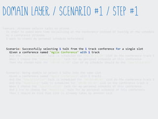 Feature:  Attendee  selects  talks  to  attend  
    In  order  to  spend  more  time  socialising  at  the  conference  instead  of  looking  at  the  schedule  
    As  a  conference  attendee  
    I  want  to  create  my  personal  schedule  beforehand  
    Scenario:  Successfully  selecting  1  talk  from  the  1  track  conference  for  a  single  slot  
        Given  a  conference  named  "Agile  Conference"  with  1  track  
        And  the  "Specification"  talk  is  scheduled  for  "10:30-­‐11:30"  slot  on  the  conference  track  1  
        When  I  choose  the  "Specification"  talk  for  my  personal  schedule  of  this  conference  
        Then  the  chosen  talk  for  "10:30-­‐11:30"  slot  of  my  schedule  should  be  the  "Specification"  
    Scenario:  Being  unable  to  select  2  talks  into  the  same  slot  
        Given  a  conference  named  "Agile  Conference"  with  2  tracks  
        And  the  "Specification"  talk  is  scheduled  for  "09:00-­‐09:45"  slot  on  the  conference  track  1  
        And  the  "Modelling"  talk  is  scheduled  for  "09:00-­‐09:45"  slot  on  the  conference  track  2  
        When  I  choose  the  "Specification"  talk  for  my  personal  schedule  of  this  conference  
        And  I  try  to  choose  the  "Modelling"  talk  for  my  personal  schedule  of  this  conference  
        Then  I  should  be  told  that  slot  is  already  taken  by  another  talk  
Domain Layer / Scenario #1 / Step #1
 
