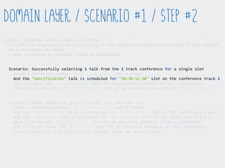 Feature:  Attendee  selects  talks  to  attend  
    In  order  to  spend  more  time  socialising  at  the  conference  instead  of  looking  at  the  schedule  
    As  a  conference  attendee  
    I  want  to  create  my  personal  schedule  beforehand  
    Scenario:  Successfully  selecting  1  talk  from  the  1  track  conference  for  a  single  slot  
        Given  a  conference  named  "Agile  Conference"  with  1  track  
        And  the  "Specification"  talk  is  scheduled  for  "10:30-­‐11:30"  slot  on  the  conference  track  1  
        When  I  choose  the  "Specification"  talk  for  my  personal  schedule  of  this  conference  
        Then  the  chosen  talk  for  "10:30-­‐11:30"  slot  of  my  schedule  should  be  the  "Specification"  
    Scenario:  Being  unable  to  select  2  talks  into  the  same  slot  
        Given  a  conference  named  "Agile  Conference"  with  2  tracks  
        And  the  "Specification"  talk  is  scheduled  for  "09:00-­‐09:45"  slot  on  the  conference  track  1  
        And  the  "Modelling"  talk  is  scheduled  for  "09:00-­‐09:45"  slot  on  the  conference  track  2  
        When  I  choose  the  "Specification"  talk  for  my  personal  schedule  of  this  conference  
        And  I  try  to  choose  the  "Modelling"  talk  for  my  personal  schedule  of  this  conference  
        Then  I  should  be  told  that  slot  is  already  taken  by  another  talk  
Domain Layer / Scenario #1 / Step #2
 