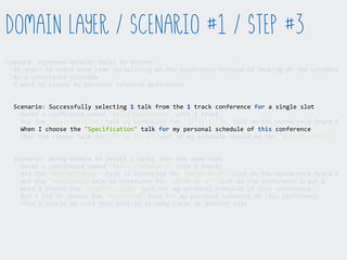 Feature:  Attendee  selects  talks  to  attend  
    In  order  to  spend  more  time  socialising  at  the  conference  instead  of  looking  at  the  schedule  
    As  a  conference  attendee  
    I  want  to  create  my  personal  schedule  beforehand  
    Scenario:  Successfully  selecting  1  talk  from  the  1  track  conference  for  a  single  slot  
        Given  a  conference  named  "Agile  Conference"  with  1  track  
        And  the  "Specification"  talk  is  scheduled  for  "10:30-­‐11:30"  slot  on  the  conference  track  1  
        When  I  choose  the  "Specification"  talk  for  my  personal  schedule  of  this  conference  
        Then  the  chosen  talk  for  "10:30-­‐11:30"  slot  of  my  schedule  should  be  the  "Specification"  
    Scenario:  Being  unable  to  select  2  talks  into  the  same  slot  
        Given  a  conference  named  "Agile  Conference"  with  2  tracks  
        And  the  "Specification"  talk  is  scheduled  for  "09:00-­‐09:45"  slot  on  the  conference  track  1  
        And  the  "Modelling"  talk  is  scheduled  for  "09:00-­‐09:45"  slot  on  the  conference  track  2  
        When  I  choose  the  "Specification"  talk  for  my  personal  schedule  of  this  conference  
        And  I  try  to  choose  the  "Modelling"  talk  for  my  personal  schedule  of  this  conference  
        Then  I  should  be  told  that  slot  is  already  taken  by  another  talk  
Domain Layer / Scenario #1 / Step #3
 