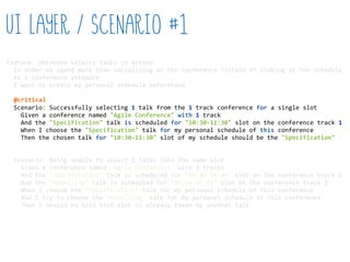 Feature:  Attendee  selects  talks  to  attend  
    In  order  to  spend  more  time  socialising  at  the  conference  instead  of  looking  at  the  schedule  
    As  a  conference  attendee  
    I  want  to  create  my  personal  schedule  beforehand  
    Scenario:  Successfully  selecting  1  talk  from  the  1  track  conference  for  a  single  slot  
        Given  a  conference  named  "Agile  Conference"  with  1  track  
        And  the  "Specification"  talk  is  scheduled  for  "10:30-­‐11:30"  slot  on  the  conference  track  1  
        When  I  choose  the  "Specification"  talk  for  my  personal  schedule  of  this  conference  
        Then  the  chosen  talk  for  "10:30-­‐11:30"  slot  of  my  schedule  should  be  the  "Specification"  
    Scenario:  Being  unable  to  select  2  talks  into  the  same  slot  
        Given  a  conference  named  "Agile  Conference"  with  2  tracks  
        And  the  "Specification"  talk  is  scheduled  for  "09:00-­‐09:45"  slot  on  the  conference  track  1  
        And  the  "Modelling"  talk  is  scheduled  for  "09:00-­‐09:45"  slot  on  the  conference  track  2  
        When  I  choose  the  "Specification"  talk  for  my  personal  schedule  of  this  conference  
        And  I  try  to  choose  the  "Modelling"  talk  for  my  personal  schedule  of  this  conference  
        Then  I  should  be  told  that  slot  is  already  taken  by  another  talk  
UI Layer / Scenario #1
@critical
 