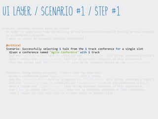 Feature:  Attendee  selects  talks  to  attend  
    In  order  to  spend  more  time  socialising  at  the  conference  instead  of  looking  at  the  schedule  
    As  a  conference  attendee  
    I  want  to  create  my  personal  schedule  beforehand  
    Scenario:  Successfully  selecting  1  talk  from  the  1  track  conference  for  a  single  slot  
        Given  a  conference  named  "Agile  Conference"  with  1  track  
        And  the  "Specification"  talk  is  scheduled  for  "10:30-­‐11:30"  slot  on  the  conference  track  1  
        When  I  choose  the  "Specification"  talk  for  my  personal  schedule  of  this  conference  
        Then  the  chosen  talk  for  "10:30-­‐11:30"  slot  of  my  schedule  should  be  the  "Specification"  
    Scenario:  Being  unable  to  select  2  talks  into  the  same  slot  
        Given  a  conference  named  "Agile  Conference"  with  2  tracks  
        And  the  "Specification"  talk  is  scheduled  for  "09:00-­‐09:45"  slot  on  the  conference  track  1  
        And  the  "Modelling"  talk  is  scheduled  for  "09:00-­‐09:45"  slot  on  the  conference  track  2  
        When  I  choose  the  "Specification"  talk  for  my  personal  schedule  of  this  conference  
        And  I  try  to  choose  the  "Modelling"  talk  for  my  personal  schedule  of  this  conference  
        Then  I  should  be  told  that  slot  is  already  taken  by  another  talk  
UI Layer / Scenario #1 / Step #1
@critical
 