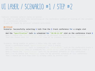 Feature:  Attendee  selects  talks  to  attend  
    In  order  to  spend  more  time  socialising  at  the  conference  instead  of  looking  at  the  schedule  
    As  a  conference  attendee  
    I  want  to  create  my  personal  schedule  beforehand  
    Scenario:  Successfully  selecting  1  talk  from  the  1  track  conference  for  a  single  slot  
        Given  a  conference  named  "Agile  Conference"  with  1  track  
        And  the  "Specification"  talk  is  scheduled  for  "10:30-­‐11:30"  slot  on  the  conference  track  1  
        When  I  choose  the  "Specification"  talk  for  my  personal  schedule  of  this  conference  
        Then  the  chosen  talk  for  "10:30-­‐11:30"  slot  of  my  schedule  should  be  the  "Specification"  
    Scenario:  Being  unable  to  select  2  talks  into  the  same  slot  
        Given  a  conference  named  "Agile  Conference"  with  2  tracks  
        And  the  "Specification"  talk  is  scheduled  for  "09:00-­‐09:45"  slot  on  the  conference  track  1  
        And  the  "Modelling"  talk  is  scheduled  for  "09:00-­‐09:45"  slot  on  the  conference  track  2  
        When  I  choose  the  "Specification"  talk  for  my  personal  schedule  of  this  conference  
        And  I  try  to  choose  the  "Modelling"  talk  for  my  personal  schedule  of  this  conference  
        Then  I  should  be  told  that  slot  is  already  taken  by  another  talk  
UI Layer / Scenario #1 / Step #2
@critical
 
