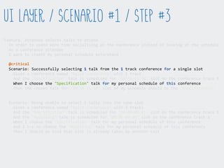 Feature:  Attendee  selects  talks  to  attend  
    In  order  to  spend  more  time  socialising  at  the  conference  instead  of  looking  at  the  schedule  
    As  a  conference  attendee  
    I  want  to  create  my  personal  schedule  beforehand  
    Scenario:  Successfully  selecting  1  talk  from  the  1  track  conference  for  a  single  slot  
        Given  a  conference  named  "Agile  Conference"  with  1  track  
        And  the  "Specification"  talk  is  scheduled  for  "10:30-­‐11:30"  slot  on  the  conference  track  1  
        When  I  choose  the  "Specification"  talk  for  my  personal  schedule  of  this  conference  
        Then  the  chosen  talk  for  "10:30-­‐11:30"  slot  of  my  schedule  should  be  the  "Specification"  
    Scenario:  Being  unable  to  select  2  talks  into  the  same  slot  
        Given  a  conference  named  "Agile  Conference"  with  2  tracks  
        And  the  "Specification"  talk  is  scheduled  for  "09:00-­‐09:45"  slot  on  the  conference  track  1  
        And  the  "Modelling"  talk  is  scheduled  for  "09:00-­‐09:45"  slot  on  the  conference  track  2  
        When  I  choose  the  "Specification"  talk  for  my  personal  schedule  of  this  conference  
        And  I  try  to  choose  the  "Modelling"  talk  for  my  personal  schedule  of  this  conference  
        Then  I  should  be  told  that  slot  is  already  taken  by  another  talk  
UI Layer / Scenario #1 / Step #3
@critical
 
