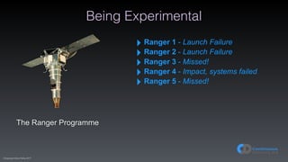 (C)opyright Dave Farley 2017
Being Experimental
The Ranger Programme
‣ Ranger 1 - Launch Failure
‣ Ranger 2 - Launch Failure
‣ Ranger 3 - Missed!
‣ Ranger 4 - Impact, systems failed
‣ Ranger 5 - Missed!
 