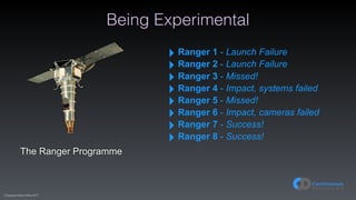 (C)opyright Dave Farley 2017
Being Experimental
The Ranger Programme
‣ Ranger 1 - Launch Failure
‣ Ranger 2 - Launch Failure
‣ Ranger 3 - Missed!
‣ Ranger 4 - Impact, systems failed
‣ Ranger 5 - Missed!
‣ Ranger 6 - Impact, cameras failed
‣ Ranger 7 - Success!
‣ Ranger 8 - Success!
 
