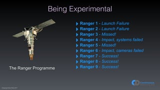 (C)opyright Dave Farley 2017
Being Experimental
The Ranger Programme
‣ Ranger 1 - Launch Failure
‣ Ranger 2 - Launch Failure
‣ Ranger 3 - Missed!
‣ Ranger 4 - Impact, systems failed
‣ Ranger 5 - Missed!
‣ Ranger 6 - Impact, cameras failed
‣ Ranger 7 - Success!
‣ Ranger 8 - Success!
‣ Ranger 9 - Success!
 