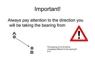 Important!
Always pay attention to the direction you
will be taking the bearing from
The bearing of A to B will be
completely different to the bearing B
to A.
 