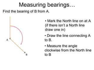 Measuring bearings…
Find the bearing of B from A.
• Mark the North line on at A
(if there isn’t a North line
draw one in)
• Measure the angle
clockwise from the North line
to B
A
B
x
x
• Draw the line connecting A
to B.
 