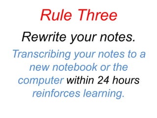 The larger part is the notes area.   Write important items in this area as you listen.  You might even want to use the OUTLINE METHOD in this box.