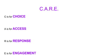 C.A.R.E.
C is for CHOICE
A is for ACCESS
R is for RESPONSE
E is for ENGAGEMENT
 
