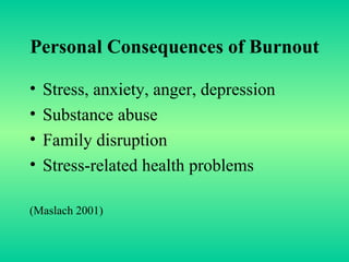 Personal Consequences of Burnout Stress, anxiety, anger, depression Substance abuse Family disruption  Stress-related health problems (Maslach 2001) 
