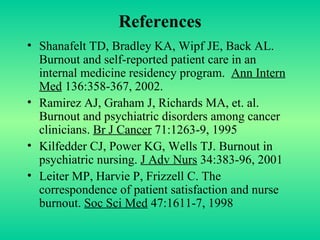 References Shanafelt TD, Bradley KA, Wipf JE, Back AL. Burnout and self-reported patient care in an internal medicine residency program.  Ann Intern Med  136:358-367, 2002. Ramirez AJ, Graham J, Richards MA, et. al. Burnout and psychiatric disorders among cancer clinicians.  Br J Cancer  71:1263-9, 1995 Kilfedder CJ, Power KG, Wells TJ. Burnout in psychiatric nursing.  J Adv Nurs  34:383-96, 2001 Leiter MP, Harvie P, Frizzell C. The correspondence of patient satisfaction and nurse burnout.  Soc Sci Med  47:1611-7, 1998 