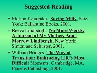Suggested Reading Morton Kondrake.  Saving Milly , New York: Ballantine Books, 2001. Reeve Lindbergh.  No More Words: A Journal of My Mother, Anne Morrow Lindbergh,  New York: Simon and Schuster, 2001. William Bridges.  The Way of Transition: Embracing Life’s Most Difficult  Moments. Cambridge, MA, Perseus Publishing, 2001. 