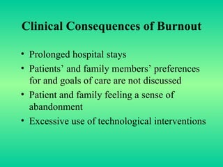 Clinical Consequences of Burnout Prolonged hospital stays Patients’ and family members’ preferences for and goals of care are not discussed Patient and family feeling a sense of abandonment Excessive use of technological interventions 