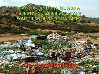 Are you contaminating? If we contaminate we add a substance   which will make   something dirty or harmful .  