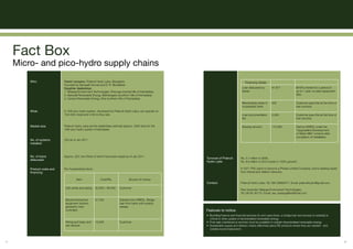 Fact Box
     Micro- and pico-hydro supply chains
         Who:                Parent company: Prakruti Hydro Labs, Bangalore.                                                               Financing details
                             Founded by Sampath Kumar and D. R. Muralidhar
                             Daughter dealerships:                                                                                      Loan disbursed by        91,817              @16% interest for a period of
                             1. Nisarga Environment Technologies, Shimoga (central hills of Karnataka),                                 banks                                        up to 1 year, no early repayment
                             2. Karavalli Renewable Energy, Belthangady (southern hills of Karnataka),                                                                               fees
                             3. Canara Renewable Energy, Sirsi (northern hills of Karnataka).
                                                                                                                                        Membership share in      525                 Customer pays this at the time of
                                                                                                                                        cooperative bank                             loan process
         What:               A 1kW pico-hydro system, developed by Prakruti Hydro Labs, can operate on
                             10m-60m head and 4-60 l/s flow rate.                                                                       Loan documentation       2,900               Customer pays this at the time of
                                                                                                                                        fee                                          loan process

         Market size:        Prakruti Hydro Labs and its dealerships estimate approx. 2000 sites for the                                Subsidy amount           110,000             Paid by KREDL under the
                             1kW pico-hydro system in Karnataka.                                                                                                                     “Upgradation/Development
                                                                                                                                                                                     of Water Mills” scheme after
                                                                                                                                                                                     completion of installation.
         No. of systems      250 as of Jan 2011
         installed:



         No. of loans        Approx. 220, two thirds of which have been repaid as of Jan 2011
                                                                                                           Turnover of Prakruti        Rs. 3.7 million in 2009,
         disbursed:
                                                                                                           Hydro Labs:                 Rs. 6.8 million in 2010 (close to 100% growth).

         Product costs and   Per household/product:                                                                                    In 2011 PHL plans to become a Private Limited Company, and is seeking equity
         financing:                                                                                                                    from friends and relative networks.

                                       Item                Cost/Rs.               Source of money
                                                                                                           Contact:                    Prakruti Hydro Labs: Tel: 080 26860077. Email: prakrutihydro@gmail.com.
                              Civil works and piping   20,000 – 60,000    Customer
                                                                                                                                       Ravi Gownder, Nisarga Environment Technologies.
                                                                                                                                       Tel: 08182 40174. Email: ravi_snisarga@rediffmail.com.

                              Electromechanical        91,750             Subsidy from KREDL. Bridge
                              equipment (turbine,                         loan from bank until subsidy
                              generator, load                             release
                              controller)                                                                  Features to notice:
                                                                                                           • Bundling finance and financial services for end users (here, a bridge loan and access to subsidy) is
                                                                                                             critical to drive uptake of decentralised renewable energy.
                              Wiring and basic end     15,000             Customer                         • Post-sale maintenance services must be available to sustain decentralised renewable energy.
                              use devices                                                                  • Sustainable supply and delivery chains effectively place RE products where they are needed - and
                                                                                                             creates local employment.



81                                                                                                                                                                                                                       82
 