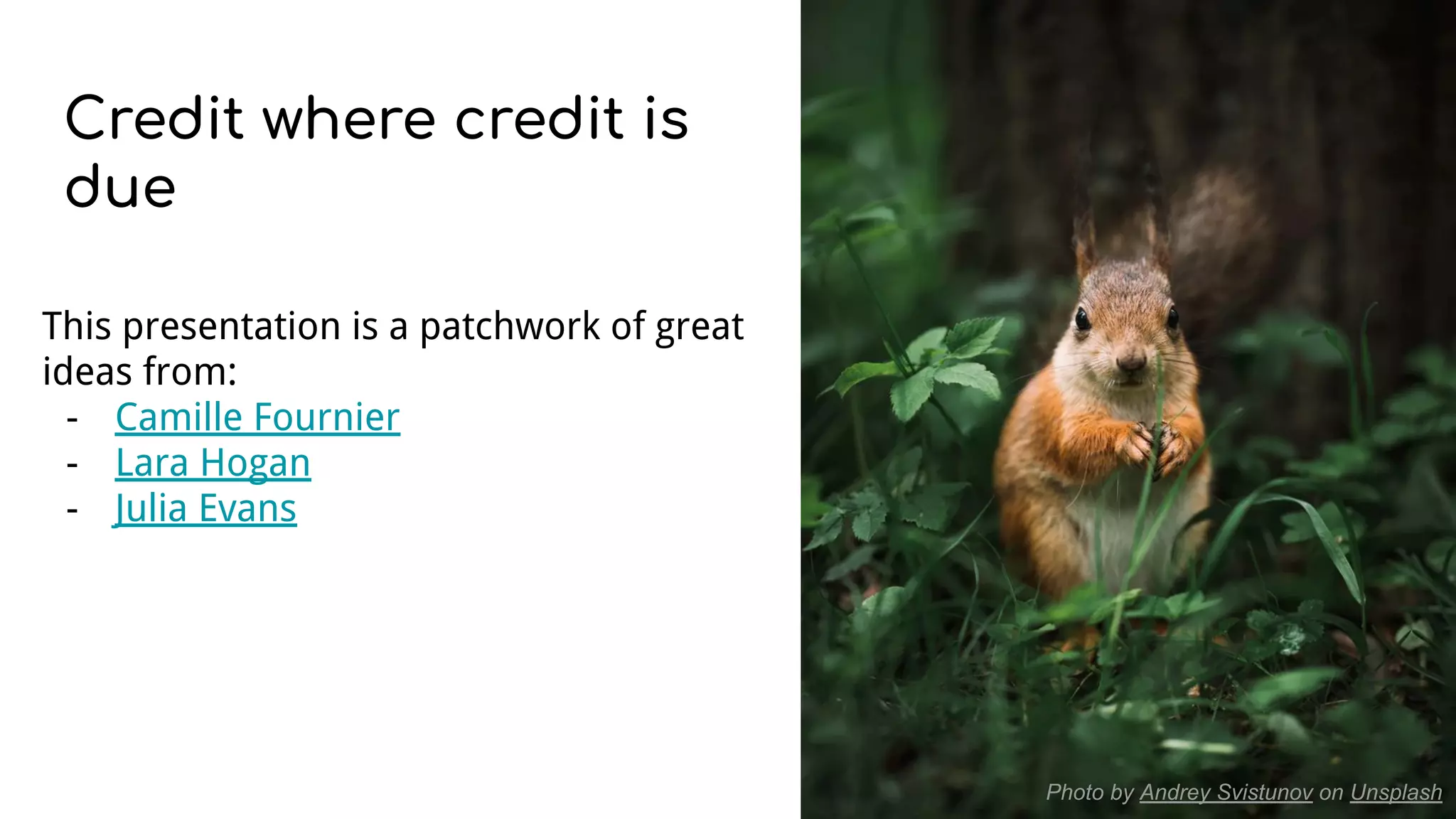 This presentation is a patchwork of great
ideas from:
- Camille Fournier
- Lara Hogan
- Julia Evans
Photo by Andrey Svistunov on Unsplash
 