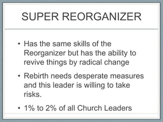 SUPER REORGANIZERHas the same skills of the Reorganizer but has the ability to revive things by radical changeRebirth needs desperate measures and this leader is willing to take risks.1% to 2% of all Church Leaders