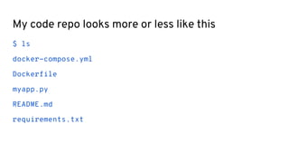 My code repo looks more or less like this
$ ls
docker-compose.yml
Dockerfile
myapp.py
README.md
requirements.txt
 