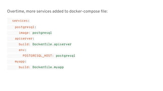 Overtime, more services added to docker-compose file:
services:
postgresql:
image: postgresql
apiserver:
build: Dockerfile.apiserver
env:
POSTGRESQL_HOST: postgresql
myapp:
build: Dockerfile.myapp
 