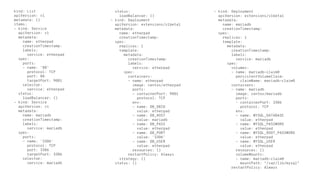 kind: List
apiVersion: v1
metadata: {}
items:
- kind: Service
apiVersion: v1
metadata:
name: etherpad
creationTimestamp:
labels:
service: etherpad
spec:
ports:
- name: '80'
protocol: TCP
port: 80
targetPort: 9001
selector:
service: etherpad
status:
loadBalancer: {}
- kind: Service
apiVersion: v1
metadata:
name: mariadb
creationTimestamp:
labels:
service: mariadb
spec:
ports:
- name: '3306'
protocol: TCP
port: 3306
targetPort: 3306
selector:
service: mariadb
status:
loadBalancer: {}
- kind: Deployment
apiVersion: extensions/v1beta1
metadata:
name: etherpad
creationTimestamp:
spec:
replicas: 1
template:
metadata:
creationTimestamp:
labels:
service: etherpad
spec:
containers:
- name: etherpad
image: centos/etherpad
ports:
- containerPort: 9001
protocol: TCP
env:
- name: DB_DBID
value: etherpad
- name: DB_HOST
value: mariadb
- name: DB_PASS
value: etherpad
- name: DB_PORT
value: '3306'
- name: DB_USER
value: etherpad
resources: {}
restartPolicy: Always
strategy: {}
status: {}
- kind: Deployment
apiVersion: extensions/v1beta1
metadata:
name: mariadb
creationTimestamp:
spec:
replicas: 1
template:
metadata:
creationTimestamp:
labels:
service: mariadb
spec:
volumes:
- name: mariadb-claim0
persistentVolumeClaim:
claimName: mariadb-claim0
containers:
- name: mariadb
image: centos/mariadb
ports:
- containerPort: 3306
protocol: TCP
env:
- name: MYSQL_DATABASE
value: etherpad
- name: MYSQL_PASSWORD
value: etherpad
- name: MYSQL_ROOT_PASSWORD
value: etherpad
- name: MYSQL_USER
value: etherpad
resources: {}
volumeMounts:
- name: mariadb-claim0
mountPath: "/var/lib/mysql"
restartPolicy: Always
 