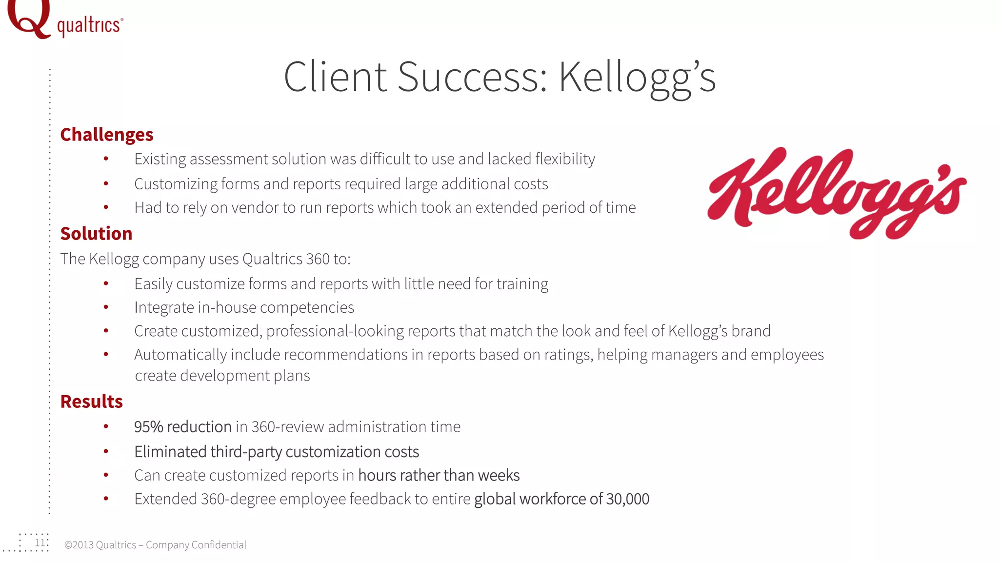 Client Success: Kellogg’s
Challenges
• 
• 
• 

Existing assessment solution was diﬀicult to use and lacked flexibility
Customizing forms and reports required large additional costs
Had to rely on vendor to run reports which took an extended period of time

Solution
The Kellogg company uses Qualtrics 360 to:
•  Easily customize forms and reports with little need for training
•  Integrate in-house competencies
•  Create customized, professional-looking reports that match the look and feel of Kellogg’s brand
•  Automatically include recommendations in reports based on ratings, helping managers and employees
create development plans

Results
• 
• 
• 
• 
11

95% reduction in 360-review administration time
Eliminated third-party customization costs
Can create customized reports in hours rather than weeks
Extended 360-degree employee feedback to entire global workforce of 30,000

©2013 Qualtrics – Company Confidential

 