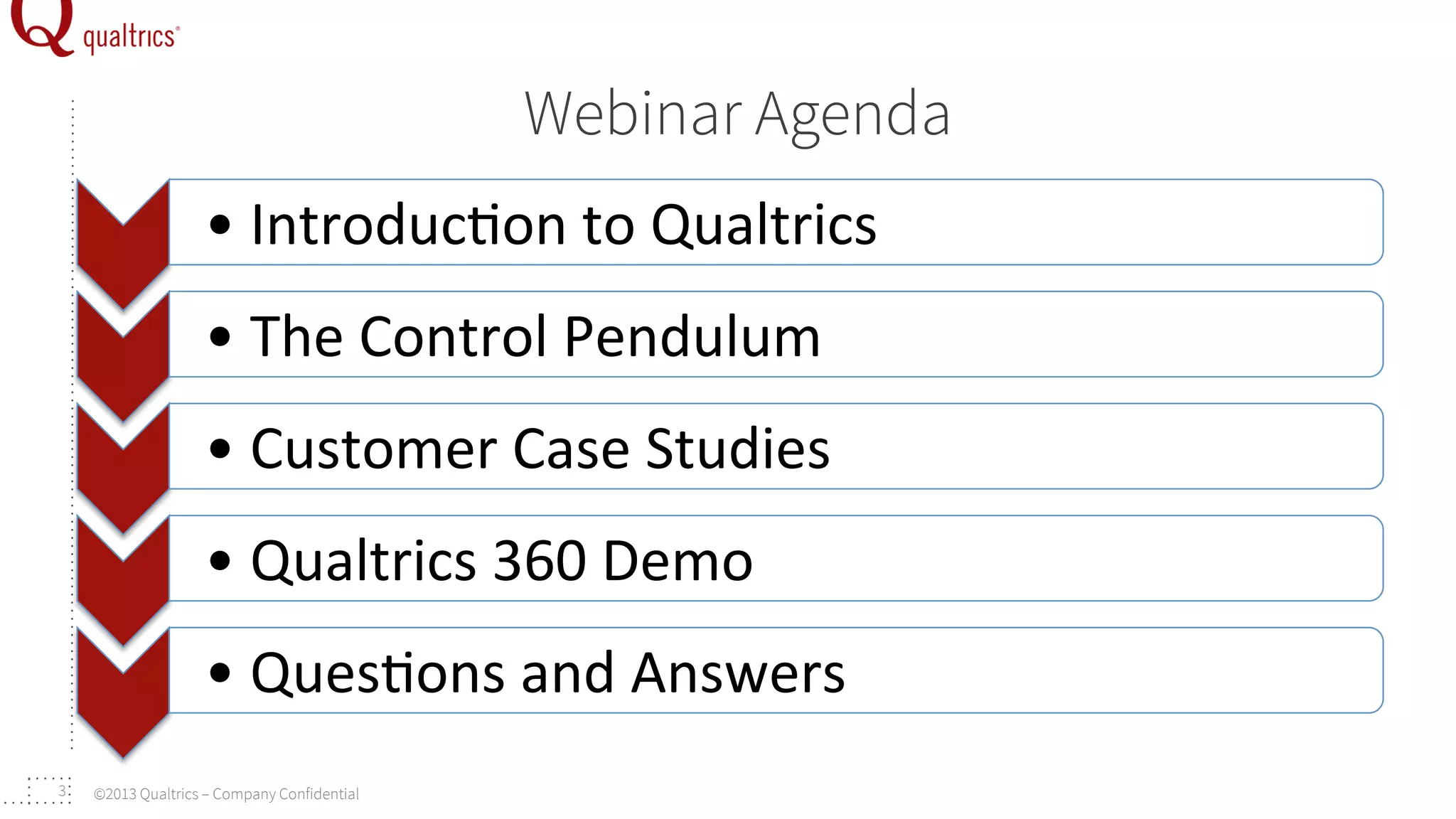 Webinar Agenda
	
  

• Introduc+on	
  to	
  Qualtrics	
  	
  
• The	
  Control	
  Pendulum	
  

	
  
	
  

• Qualtrics	
  360	
  Demo	
  

	
  
3

• Customer	
  Case	
  Studies	
  
• Ques+ons	
  and	
  Answers	
  

©2013 Qualtrics – Company Confidential

 