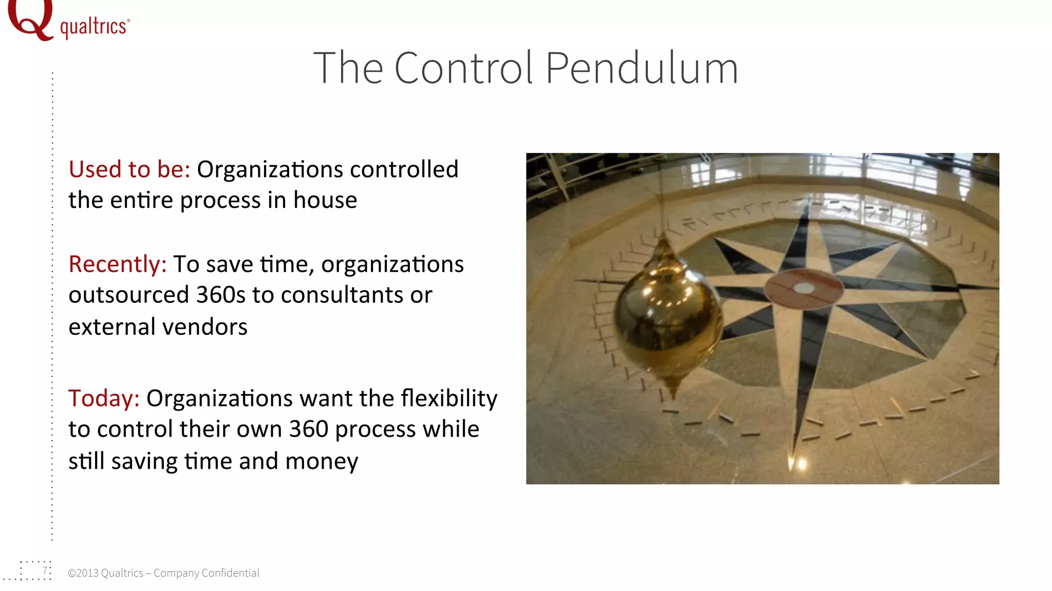 The Control Pendulum
Used	
  to	
  be:	
  Organiza+ons	
  controlled	
  
the	
  en+re	
  process	
  in	
  house	
  
Recently:	
  To	
  save	
  +me,	
  organiza+ons	
  
outsourced	
  360s	
  to	
  consultants	
  or	
  
external	
  vendors	
  
Today:	
  Organiza+ons	
  want	
  the	
  ﬂexibility	
  
to	
  control	
  their	
  own	
  360	
  process	
  while	
  
s+ll	
  saving	
  +me	
  and	
  money	
  

7

©2013 Qualtrics – Company Confidential

 