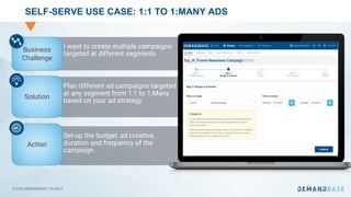 © 2020 DEMANDBASE｜SLIDE 8
SELF-SERVE USE CASE: 1:1 TO 1:MANY ADS
I want to create multiple campaigns
targeted at different segments
Plan different ad campaigns targeted
at any segment from 1:1 to 1:Many
based on your ad strategy
Set-up the budget, ad creative,
duration and frequency of the
campaign
Business
Challenge
Solution
Action
 