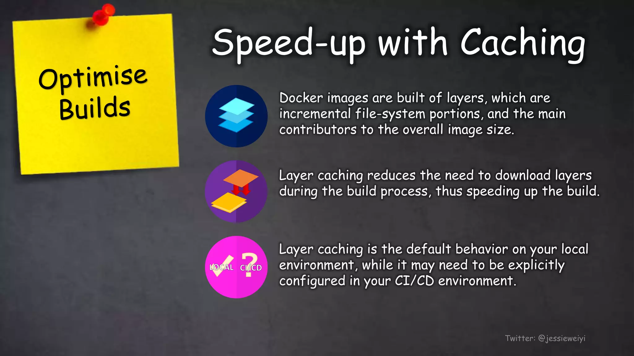 Speed-up with Caching
Twitter: @jessieweiyi
Docker images are built of layers, which are
incremental file-system portions, and the main
contributors to the overall image size.
Layer caching reduces the need to download layers
during the build process, thus speeding up the build.
Layer caching is the default behavior on your local
environment, while it may need to be explicitly
configured in your CI/CD environment.
 