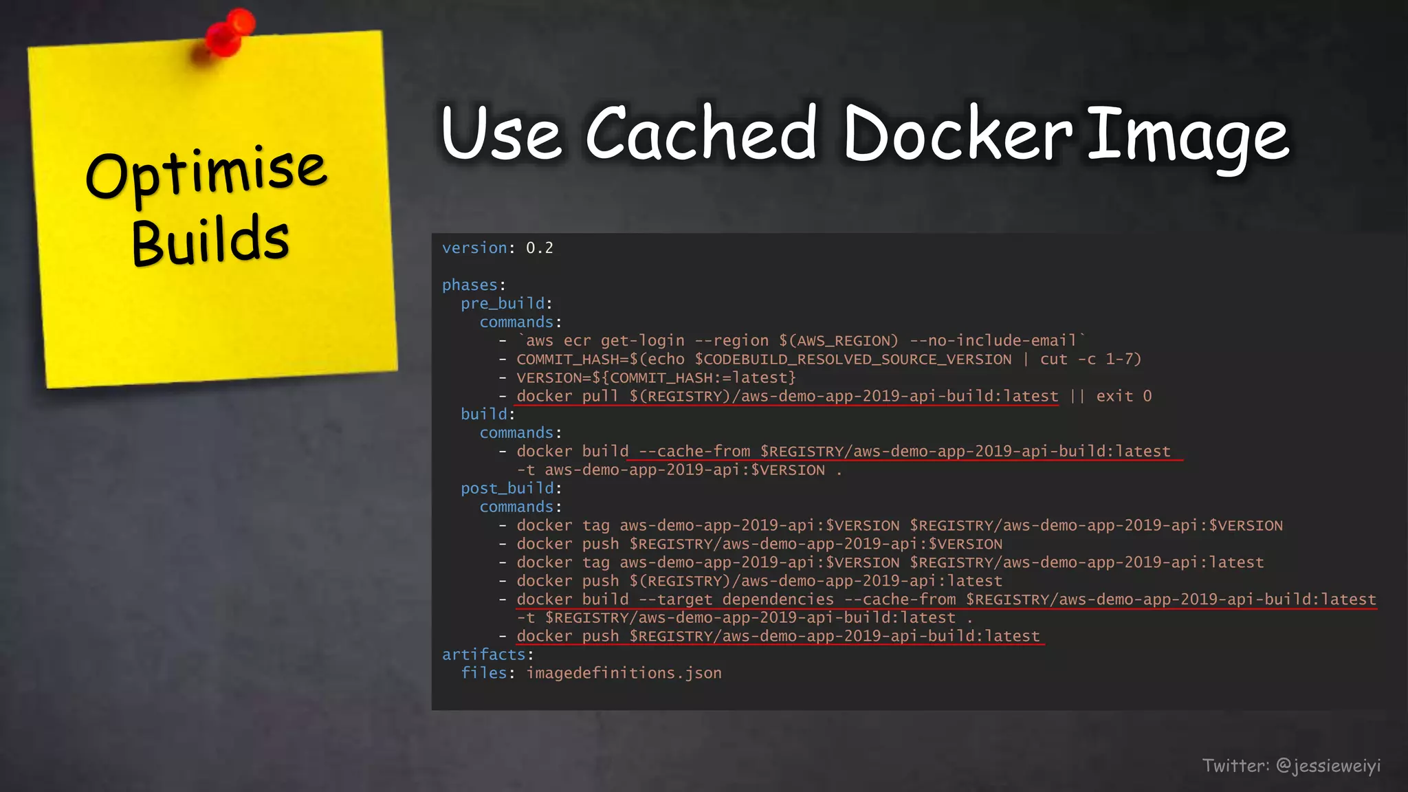 Use Cached Docker Image
version: 0.2
phases:
pre_build:
commands:
- `aws ecr get-login --region $(AWS_REGION) --no-include-email`
- COMMIT_HASH=$(echo $CODEBUILD_RESOLVED_SOURCE_VERSION | cut -c 1-7)
- VERSION=${COMMIT_HASH:=latest}
- docker pull $(REGISTRY)/aws-demo-app-2019-api-build:latest || exit 0
build:
commands:
- docker build --cache-from $REGISTRY/aws-demo-app-2019-api-build:latest
-t aws-demo-app-2019-api:$VERSION .
post_build:
commands:
- docker tag aws-demo-app-2019-api:$VERSION $REGISTRY/aws-demo-app-2019-api:$VERSION
- docker push $REGISTRY/aws-demo-app-2019-api:$VERSION
- docker tag aws-demo-app-2019-api:$VERSION $REGISTRY/aws-demo-app-2019-api:latest
- docker push $(REGISTRY)/aws-demo-app-2019-api:latest
- docker build --target dependencies --cache-from $REGISTRY/aws-demo-app-2019-api-build:latest
-t $REGISTRY/aws-demo-app-2019-api-build:latest .
- docker push $REGISTRY/aws-demo-app-2019-api-build:latest
artifacts:
files: imagedefinitions.json
Twitter: @jessieweiyi
 