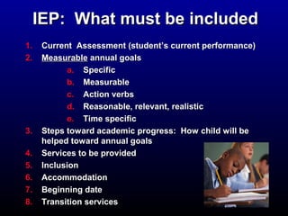 IIEEPP:: WWhhaatt mmuusstt bbee iinncclluuddeedd 
11.. CCuurrrreenntt AAsssseessssmmeenntt ((ssttuuddeenntt’’ss ccuurrrreenntt ppeerrffoorrmmaannccee)) 
22.. MMeeaassuurraabbllee aannnnuuaall ggooaallss 
aa.. SSppeecciiffiicc 
bb.. MMeeaassuurraabbllee 
cc.. AAccttiioonn vveerrbbss 
dd.. RReeaassoonnaabbllee,, rreelleevvaanntt,, rreeaalliissttiicc 
ee.. TTiimmee ssppeecciiffiicc 
33.. SStteeppss ttoowwaarrdd aaccaaddeemmiicc pprrooggrreessss:: HHooww cchhiilldd wwiillll bbee 
hheellppeedd ttoowwaarrdd aannnnuuaall ggooaallss 
44.. SSeerrvviicceess ttoo bbee pprroovviiddeedd 
55.. IInncclluussiioonn 
66.. AAccccoommmmooddaattiioonn 
77.. BBeeggiinnnniinngg ddaattee 
88.. TTrraannssiittiioonn sseerrvviicceess 
 